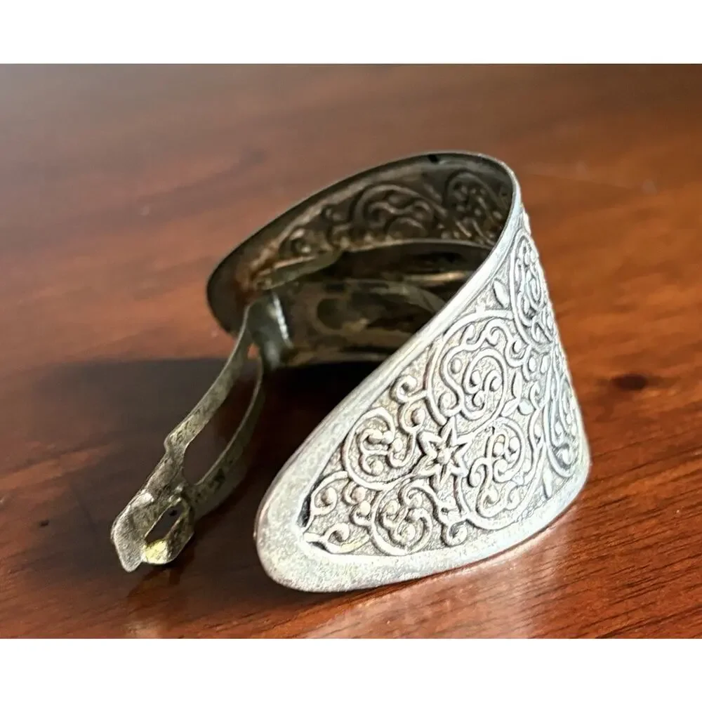Vtg Silver Tone Ponytail Clip Hair Cuff Ornate Filigree Etched Boho Victorian